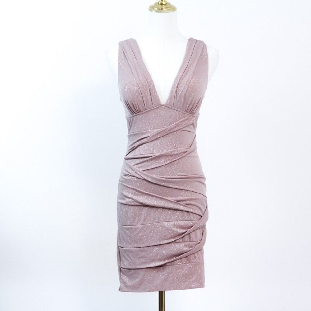 Emerald Sundae Mauve Pink Shimmer Ruched Bodycon Deep V-Neck Cocktail Dress, S